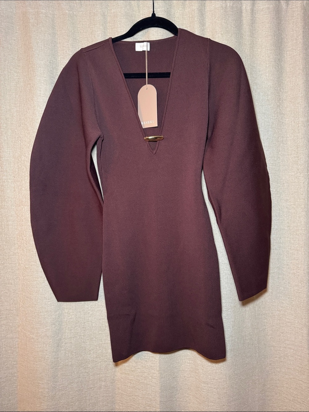 NWT Meshki Billy Balloon Sleeve Knit Mini Dress Chocolate Brown Size XS - Picture 4 of 10